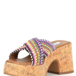 Steve Madden Sz 9 Rosez Rainbow High Heels Cork Heel Statement Sandal Slides NWT
